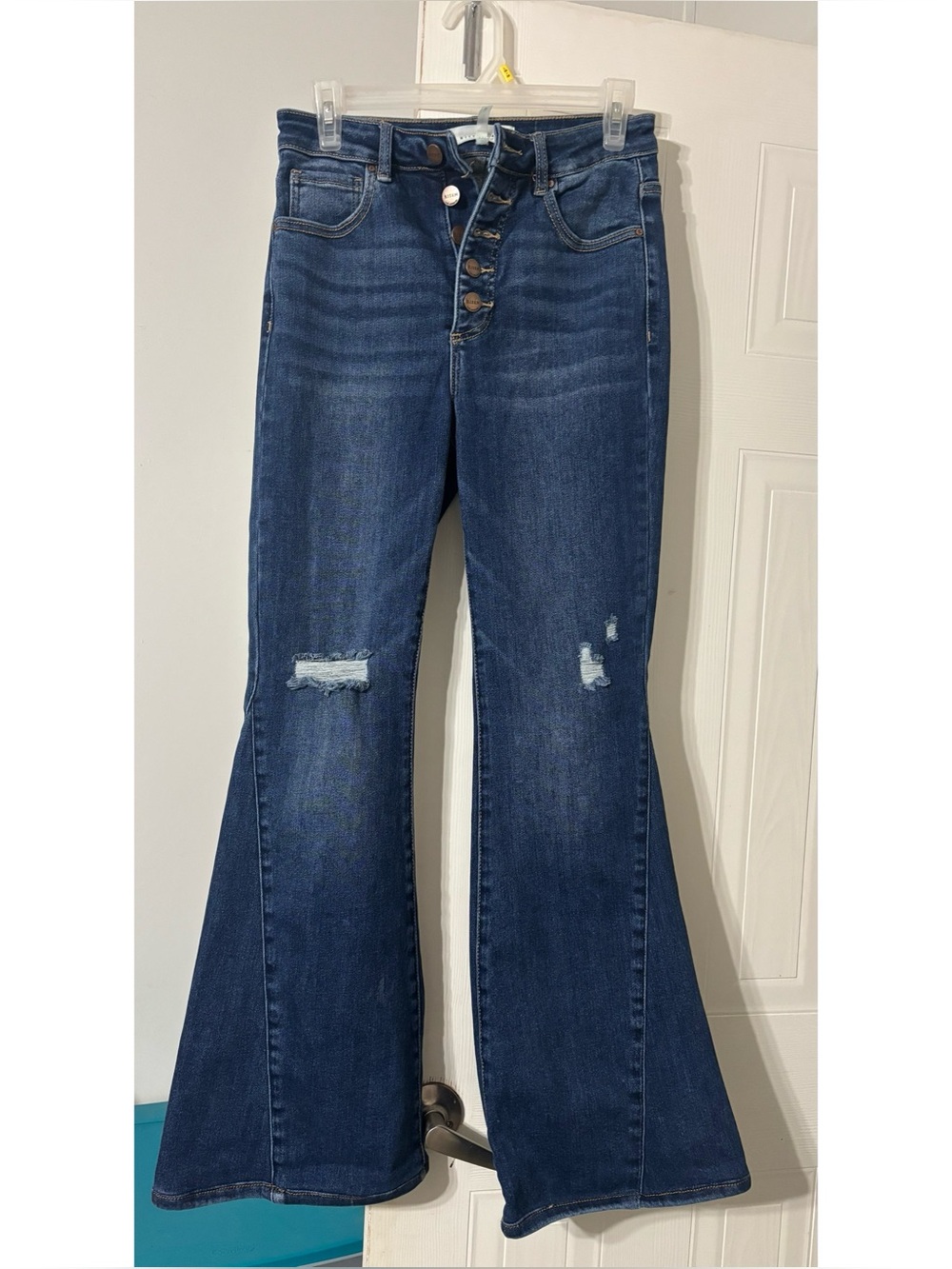 High-Rise Dark Indigo Flare Jeans with Button Fly